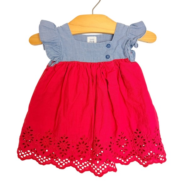 Baby Gap Other - Baby Gap Girls Red Blue Chambray Eyelet Ruffle Dress 3-6 Months